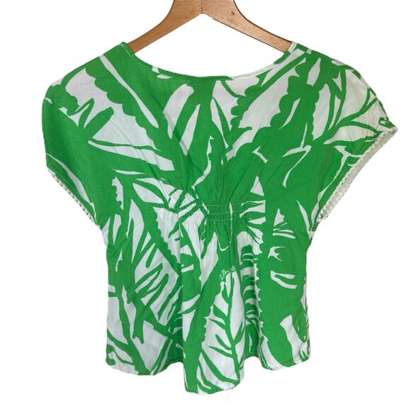 Lily Pulitzer M Green & White Palm Print Flowy Short Sleeve Swim Coverup Blouse - Picture 3 of 3